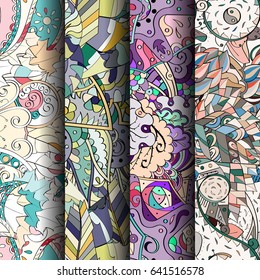 Set of tracery colorful seamless patterns. Vertical stripes. Curved doodling backgrounds for textile or printing with mehndi and ethnic motives. Vector