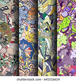 Set of tracery colorful seamless patterns. Vertical stripes. Curved doodling backgrounds for textile or printing with mehndi and ethnic motives. Vector