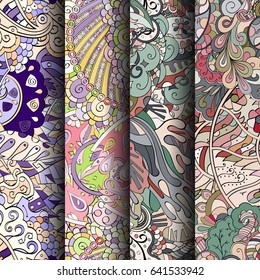 Set of tracery colorful seamless patterns. Vertical stripes. Curved doodling backgrounds for textile or printing with mehndi and ethnic motives. Vector