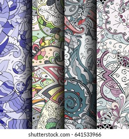 Set of tracery colorful seamless patterns. Vertical stripes. Curved doodling backgrounds for textile or printing with mehndi and ethnic motives. Vector