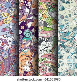 Set of tracery colorful seamless patterns. Vertical stripes. Curved doodling backgrounds for textile or printing with mehndi and ethnic motives. Vector