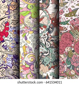 Set of tracery colorful seamless patterns. Vertical stripes. Curved doodling backgrounds for textile or printing with mehndi and ethnic motives. Vector