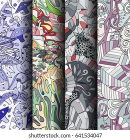 Set of tracery colorful seamless patterns. Vertical stripes. Curved doodling backgrounds for textile or printing with mehndi and ethnic motives. Vector