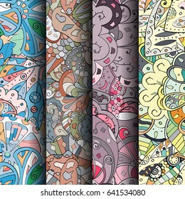Set of tracery colorful seamless patterns. Vertical stripes. Curved doodling backgrounds for textile or printing with mehndi and ethnic motives. Vector
