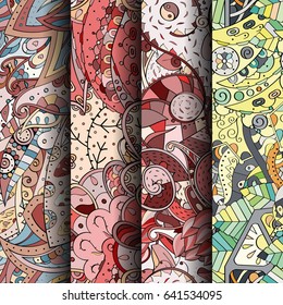 Set of tracery colorful seamless patterns. Vertical stripes. Curved doodling backgrounds for textile or printing with mehndi and ethnic motives. Vector