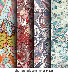 Set of tracery colorful seamless patterns. Vertical stripes. Curved doodling backgrounds for textile or printing with mehndi and ethnic motives. Vector
