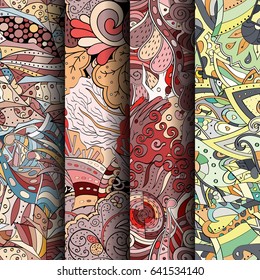 Set of tracery colorful seamless patterns. Vertical stripes. Curved doodling backgrounds for textile or printing with mehndi and ethnic motives. Vector