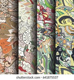 Set of tracery colorful seamless patterns. Vertical stripes. Curved doodling backgrounds for textile or printing with mehndi and ethnic motives. Vector