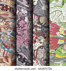 Set of tracery colorful seamless patterns. Vertical stripes. Curved doodling backgrounds for textile or printing with mehndi and ethnic motives. Vector
