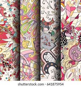 Set of tracery colorful seamless patterns. Vertical stripes. Curved doodling backgrounds for textile or printing with mehndi and ethnic motives. Vector