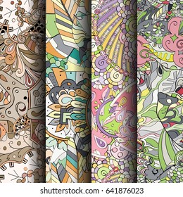 Set of tracery colorful seamless patterns. Vertical stripes. Curved doodling backgrounds for textile or printing with mehndi and ethnic motives. Vector