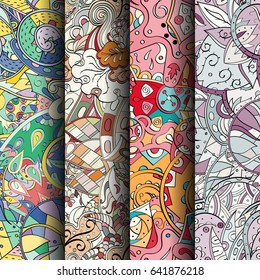Set of tracery colorful seamless patterns. Vertical stripes. Curved doodling backgrounds for textile or printing with mehndi and ethnic motives. Vector