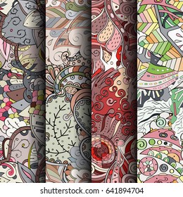 Set of tracery colorful seamless patterns. Vertical stripes. Curved doodling backgrounds for textile or printing with mehndi and ethnic motives. Vector