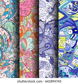 Set of tracery colorful seamless patterns. Vertical stripes. Curved doodling backgrounds for textile or printing with mehndi and ethnic motives. Vector