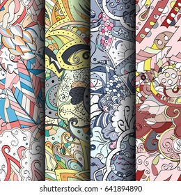 Set of tracery colorful seamless patterns. Vertical stripes. Curved doodling backgrounds for textile or printing with mehndi and ethnic motives. Vector