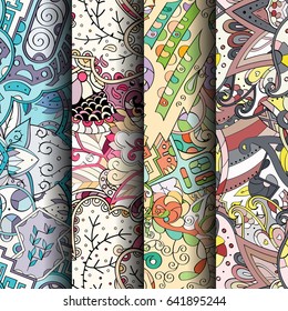 Set of tracery colorful seamless patterns. Vertical stripes. Curved doodling backgrounds for textile or printing with mehndi and ethnic motives. Vector