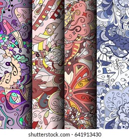 Set of tracery colorful seamless patterns. Vertical stripes. Curved doodling backgrounds for textile or printing with mehndi and ethnic motives. Vector