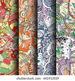 Set of tracery colorful seamless patterns. Vertical stripes. Curved doodling backgrounds for textile or printing with mehndi and ethnic motives. Vector
