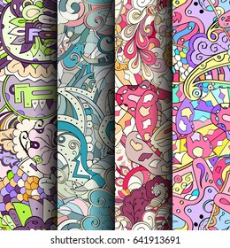 Set of tracery colorful seamless patterns. Vertical stripes. Curved doodling backgrounds for textile or printing with mehndi and ethnic motives. Vector