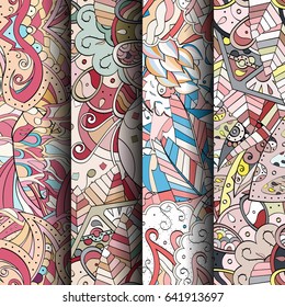 Set of tracery colorful seamless patterns. Vertical stripes. Curved doodling backgrounds for textile or printing with mehndi and ethnic motives. Vector