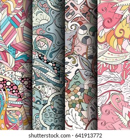 Set of tracery colorful seamless patterns. Vertical stripes. Curved doodling backgrounds for textile or printing with mehndi and ethnic motives. Vector