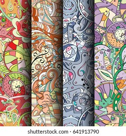 Set of tracery colorful seamless patterns. Vertical stripes. Curved doodling backgrounds for textile or printing with mehndi and ethnic motives. Vector