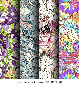 Set of tracery colorful seamless patterns. Vertical stripes. Curved doodling backgrounds for textile or printing with mehndi and ethnic motives. Vector