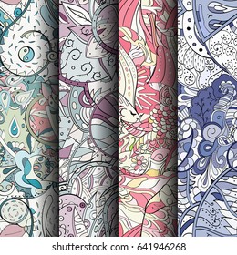 Set of tracery colorful seamless patterns. Vertical stripes. Curved doodling backgrounds for textile or printing with mehndi and ethnic motives. Vector