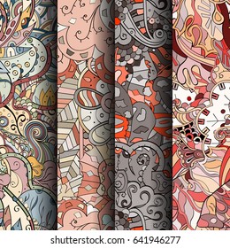 Set of tracery colorful seamless patterns. Vertical stripes. Curved doodling backgrounds for textile or printing with mehndi and ethnic motives. Vector