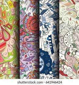 Set of tracery colorful seamless patterns. Vertical stripes. Curved doodling backgrounds for textile or printing with mehndi and ethnic motives. Vector