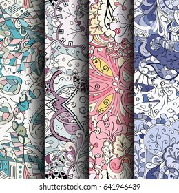 Set of tracery colorful seamless patterns. Vertical stripes. Curved doodling backgrounds for textile or printing with mehndi and ethnic motives. Vector