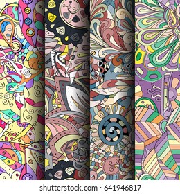 Set of tracery colorful seamless patterns. Vertical stripes. Curved doodling backgrounds for textile or printing with mehndi and ethnic motives. Vector