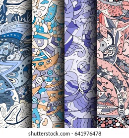 Set of tracery colorful seamless patterns. Vertical stripes. Curved doodling backgrounds for textile or printing with mehndi and ethnic motives. Vector
