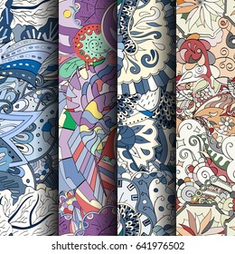Set of tracery colorful seamless patterns. Vertical stripes. Curved doodling backgrounds for textile or printing with mehndi and ethnic motives. Vector