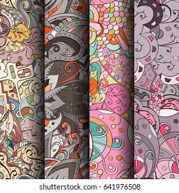 Set of tracery colorful seamless patterns. Vertical stripes. Curved doodling backgrounds for textile or printing with mehndi and ethnic motives. Vector