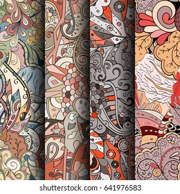 Set of tracery colorful seamless patterns. Vertical stripes. Curved doodling backgrounds for textile or printing with mehndi and ethnic motives. Vector