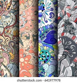 Set of tracery colorful seamless patterns. Vertical stripes. Curved doodling backgrounds for textile or printing with mehndi and ethnic motives. Vector