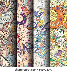 Set of tracery colorful seamless patterns. Vertical stripes. Curved doodling backgrounds for textile or printing with mehndi and ethnic motives. Vector