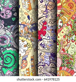 Set of tracery colorful seamless patterns. Vertical stripes. Curved doodling backgrounds for textile or printing with mehndi and ethnic motives. Vector