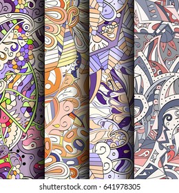 Set of tracery colorful seamless patterns. Vertical stripes. Curved doodling backgrounds for textile or printing with mehndi and ethnic motives. Vector