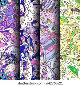 Set of tracery colorful seamless patterns. Vertical stripes. Curved doodling backgrounds for textile or printing with mehndi and ethnic motives. Vector