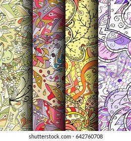 Set of tracery colorful seamless patterns. Vertical stripes. Curved doodling backgrounds for textile or printing with mehndi and ethnic motives. Vector