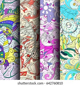 Set of tracery colorful seamless patterns. Vertical stripes. Curved doodling backgrounds for textile or printing with mehndi and ethnic motives. Vector
