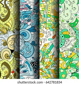 Set of tracery colorful seamless patterns. Vertical stripes. Curved doodling backgrounds for textile or printing with mehndi and ethnic motives. Vector