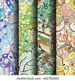Set of tracery colorful seamless patterns. Vertical stripes. Curved doodling backgrounds for textile or printing with mehndi and ethnic motives. Vector