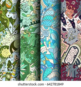 Set of tracery colorful seamless patterns. Vertical stripes. Curved doodling backgrounds for textile or printing with mehndi and ethnic motives. Vector