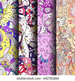 Set of tracery colorful seamless patterns. Vertical stripes. Curved doodling backgrounds for textile or printing with mehndi and ethnic motives. Vector