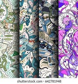 Set of tracery colorful seamless patterns. Vertical stripes. Curved doodling backgrounds for textile or printing with mehndi and ethnic motives. Vector