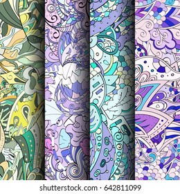 Set of tracery colorful seamless patterns. Vertical stripes. Curved doodling backgrounds for textile or printing with mehndi and ethnic motives. Vector