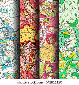 Set of tracery colorful seamless patterns. Vertical stripes. Curved doodling backgrounds for textile or printing with mehndi and ethnic motives. Vector
